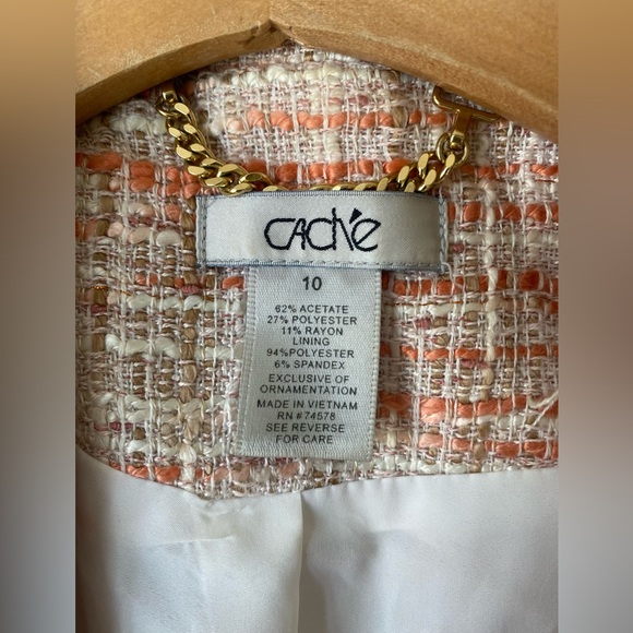 CACHE Women's Tweed Blazer Jacket Size 10” casual 3/4 sleeve Pink/orange/white - Picture 13 of 14